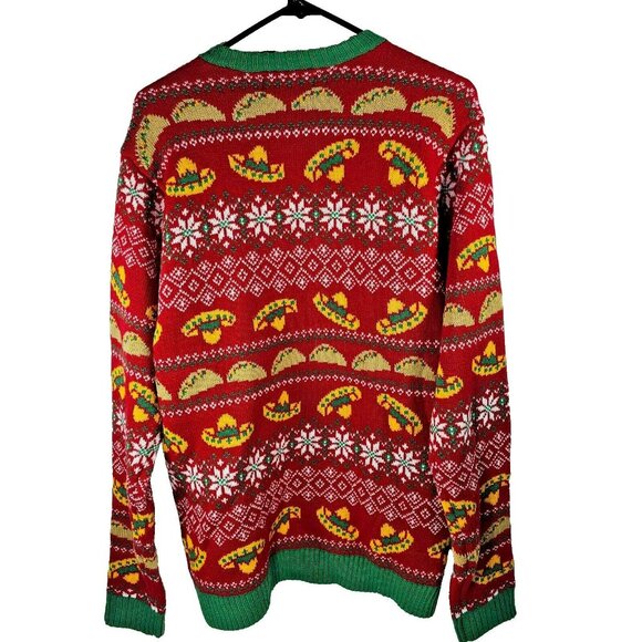 33 Degrees THREE TACOS Knit Ugly Christmas Sweater NWT Men's Size L RED Sombrero - Picture 2 of 12